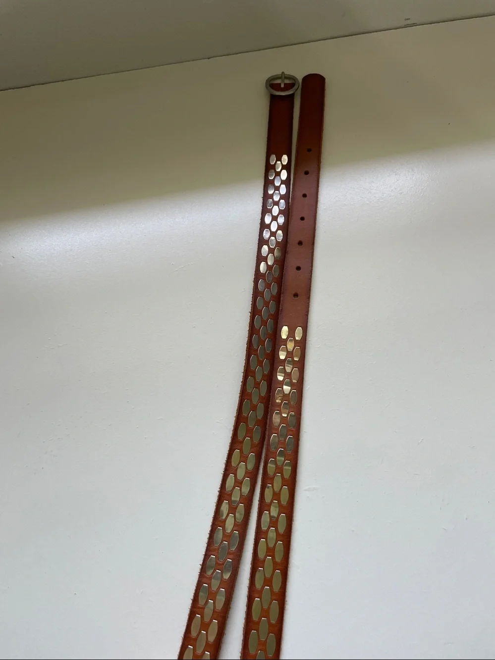 Silver Tone Studded Brown Leather Skinny Belt Large J Crew Moto Biker Casual - Picture 6 of 9